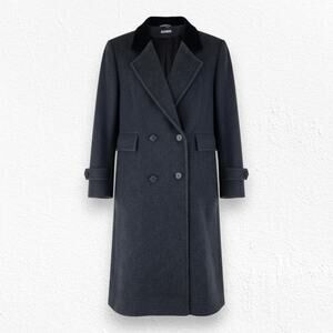 Vintage 80s Gray Wool Cashmere Double Breasted Velvet Collar Long Coat Size 14